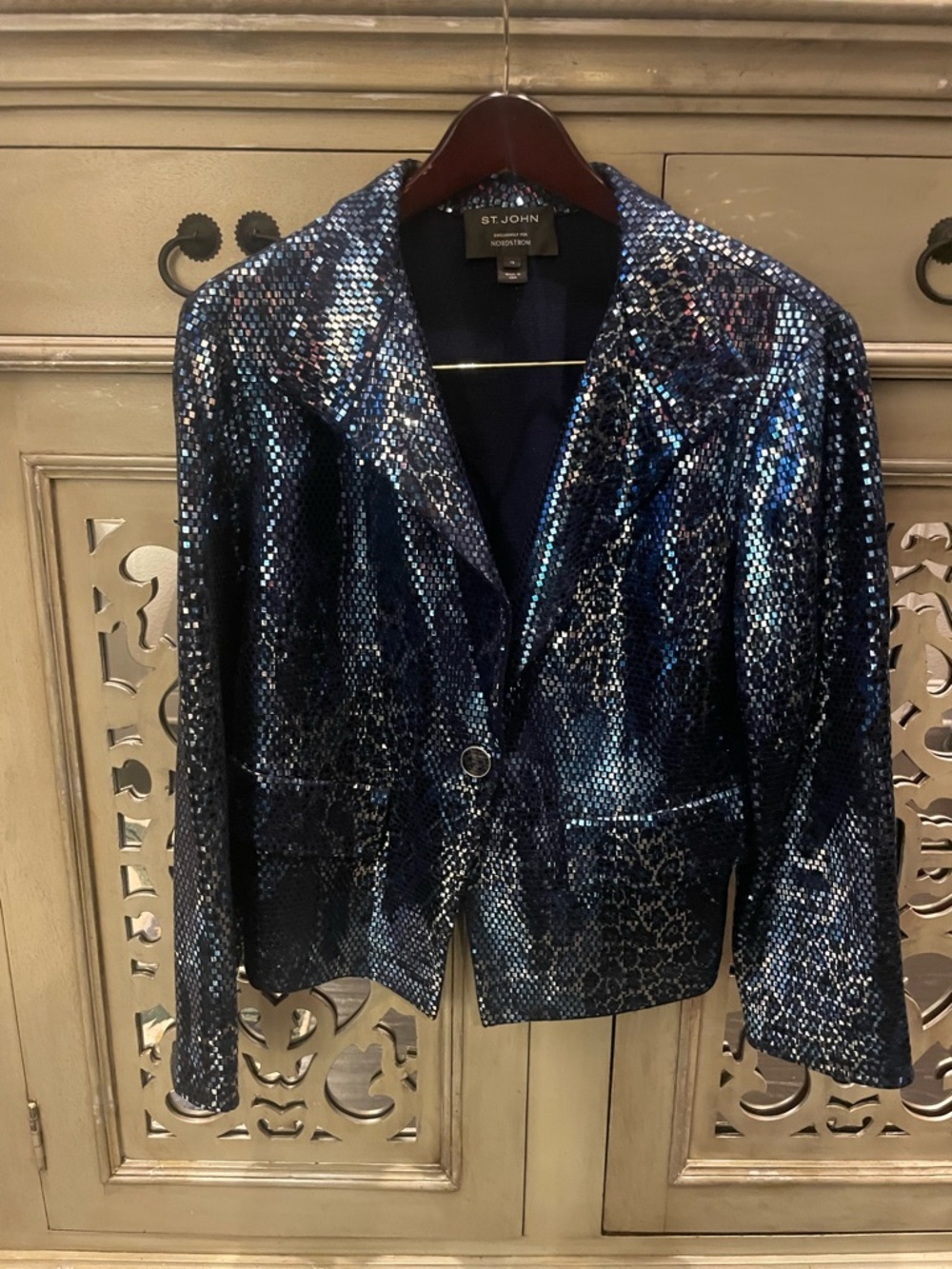 St. John Navy Sequin Blazer Jacket with Iridescent Shine